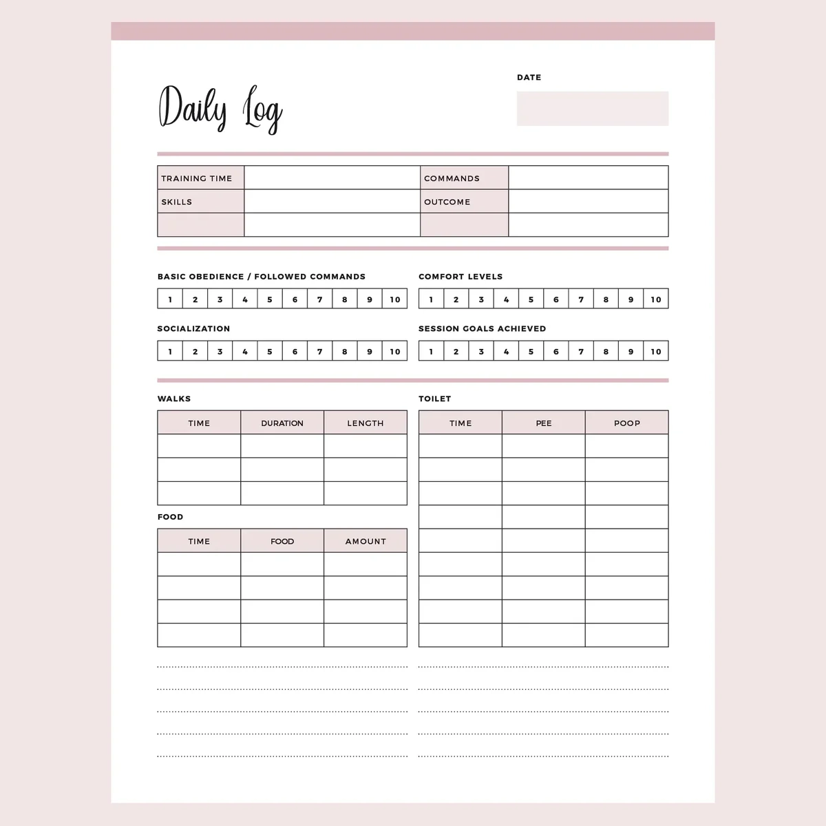 Puppy Training Chart Free Daily Log For Dog Trainers Printable 