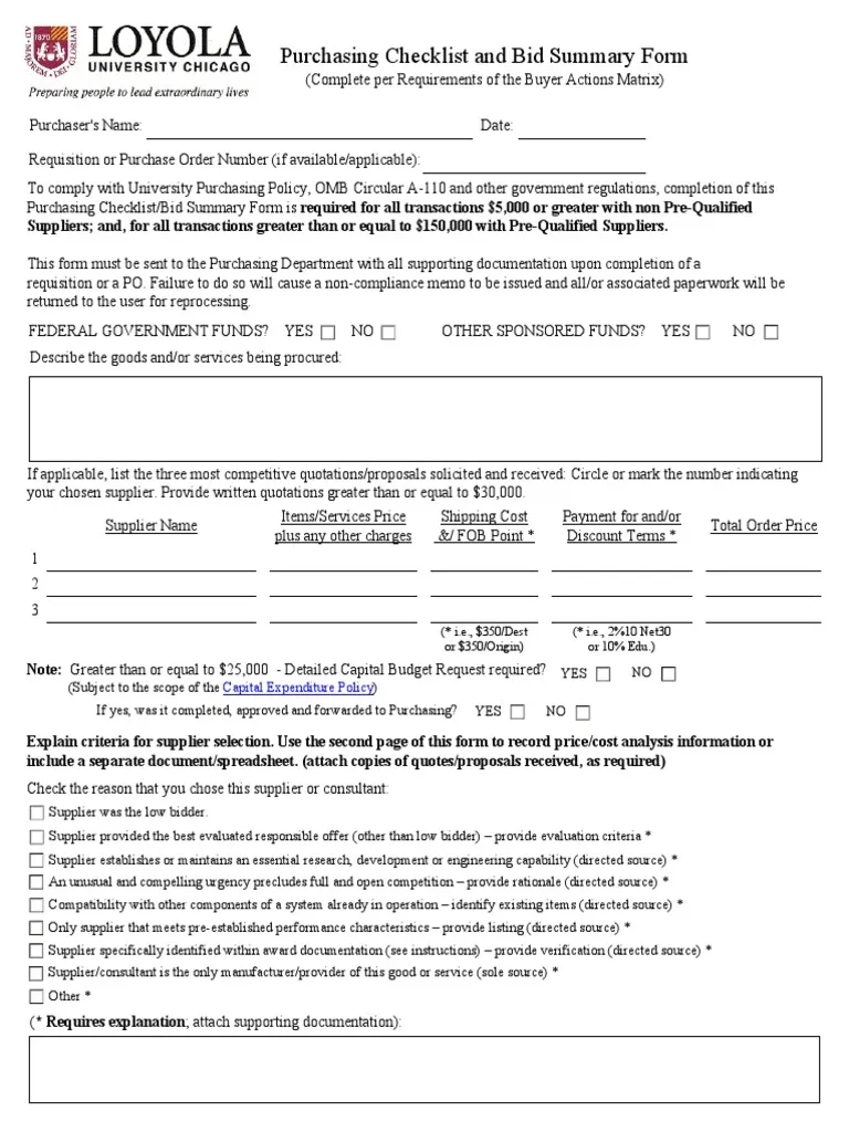 Purchasing Checklist And Bid Summary Form PDF Prices Marketing