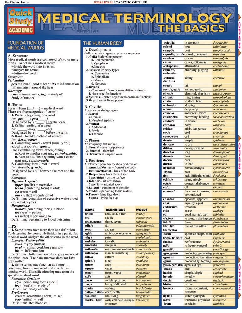 QuickStudy Medical Terminology The Basics Laminated Study Guide 