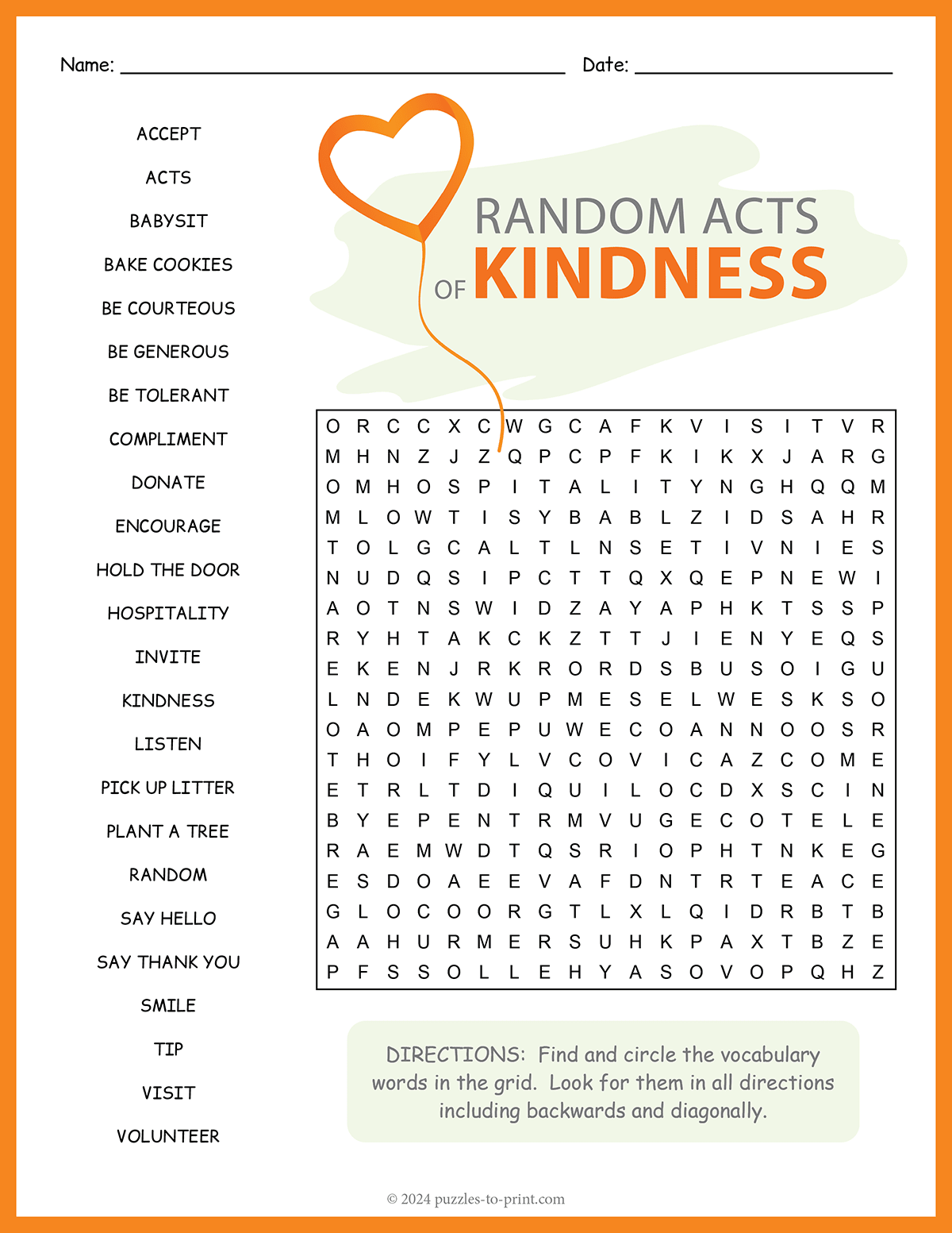 Random Acts Of Kindness Word Search