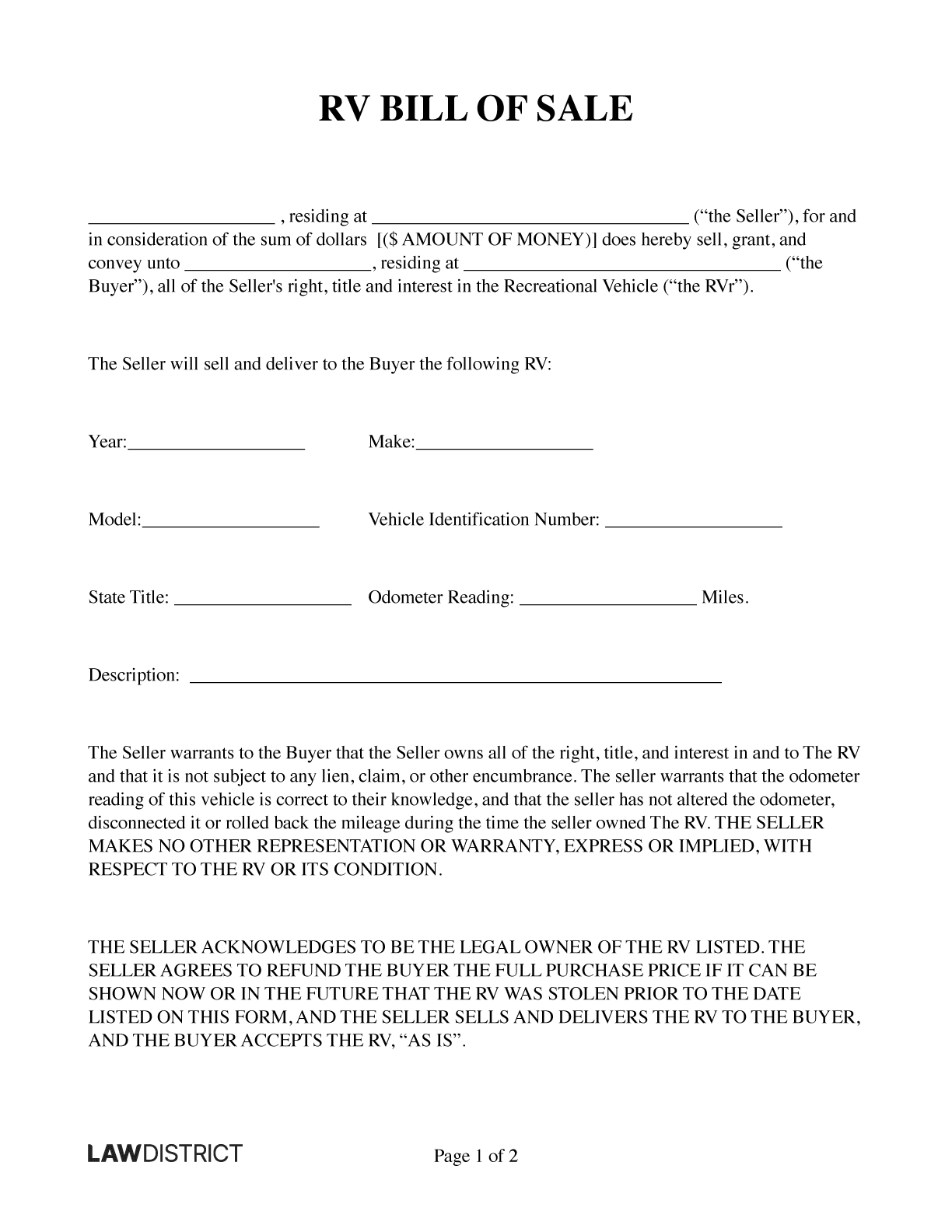 Bill Of Sale Form Free Printable For Camper