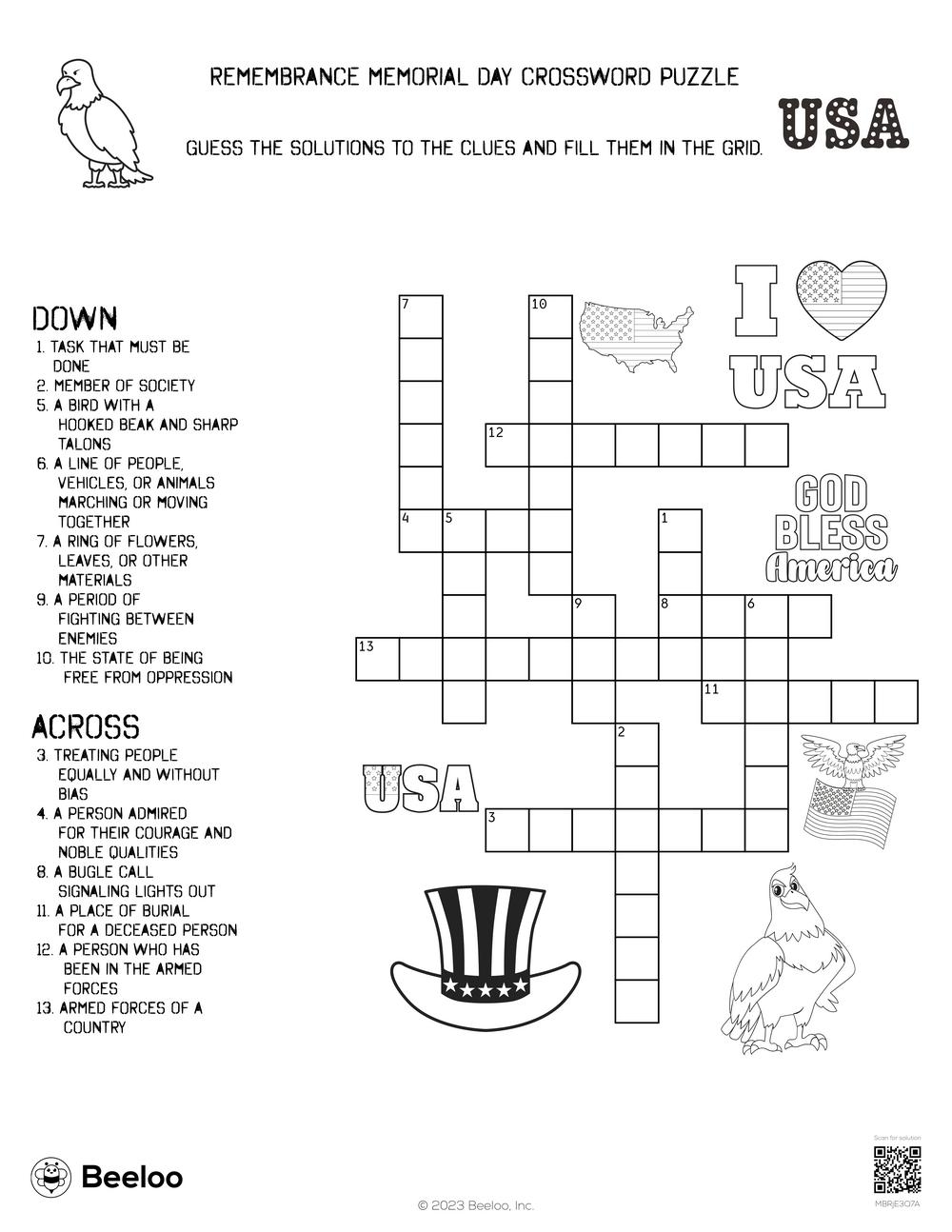 Remembrance Memorial Day Crossword Puzzle Beeloo Printable 