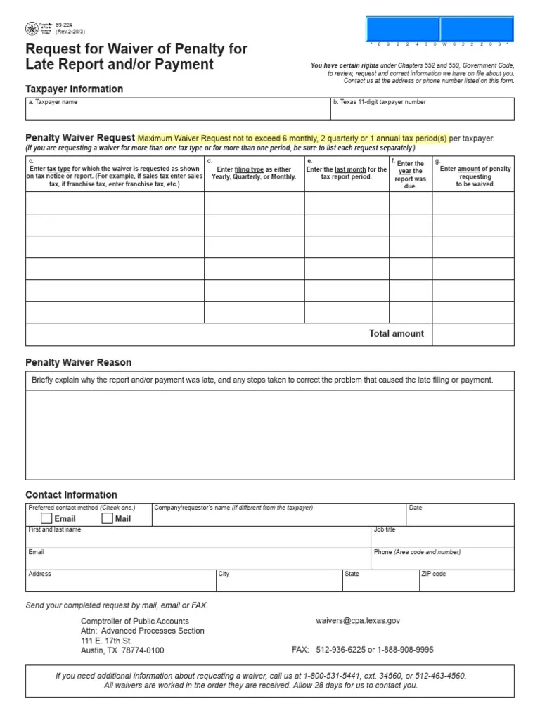 Request For Waiver Of Penalty For Late Report And or Payment PDF 