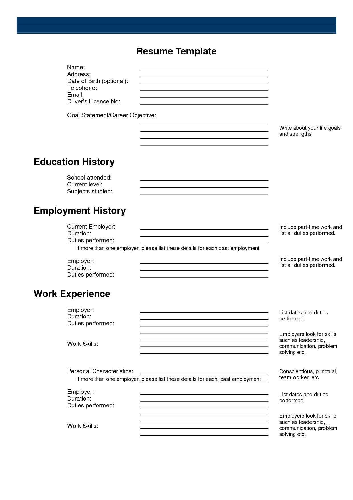 Printable Resume Builder Worksheet