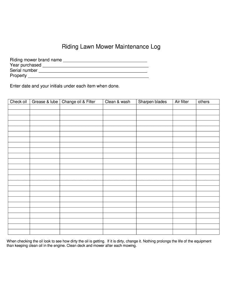 Riding Lawn Mower Maintenance Log Form Fill Online Printable 