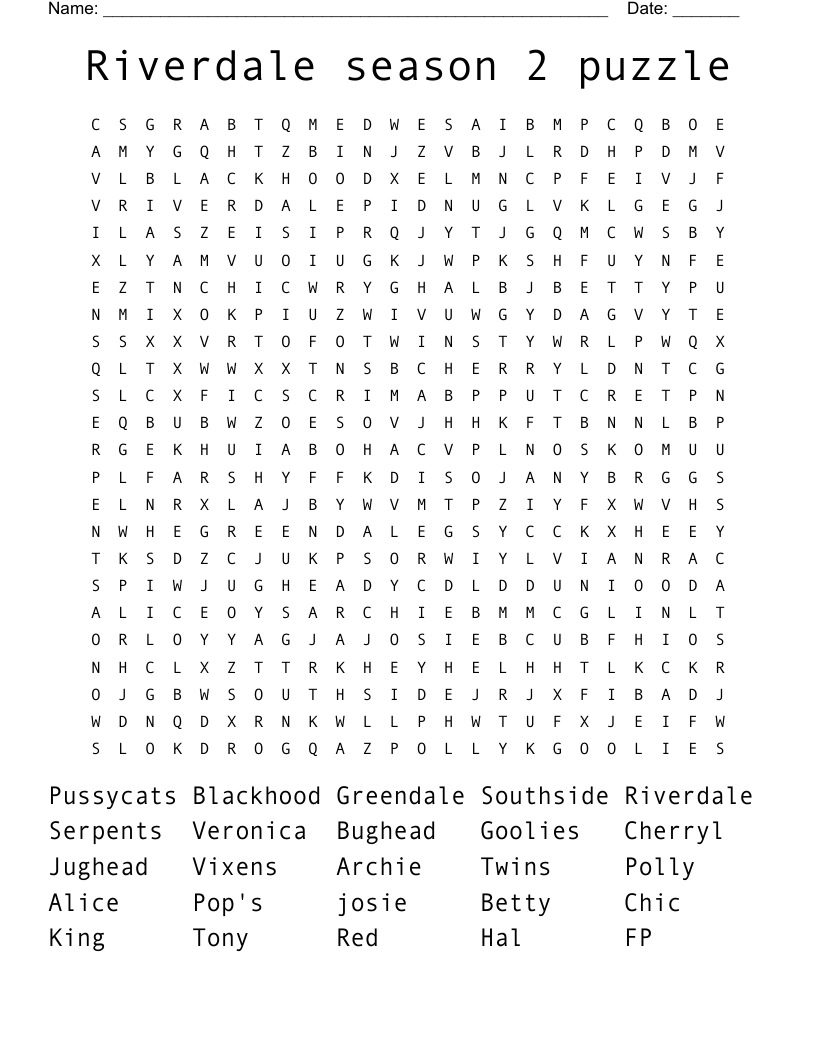 Riverdale Season 2 Puzzle Word Search WordMint