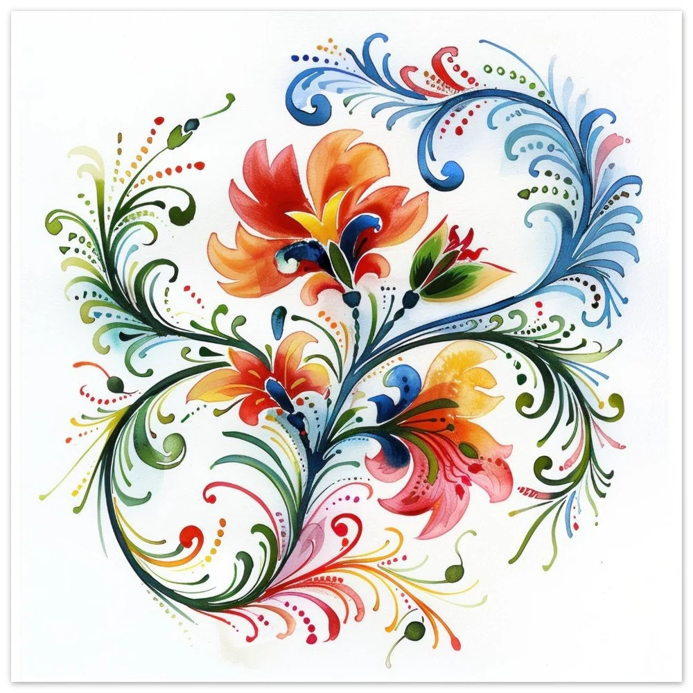 Scandinavian Rosemaling Watercolor Art Print Norwegian Folk Art 