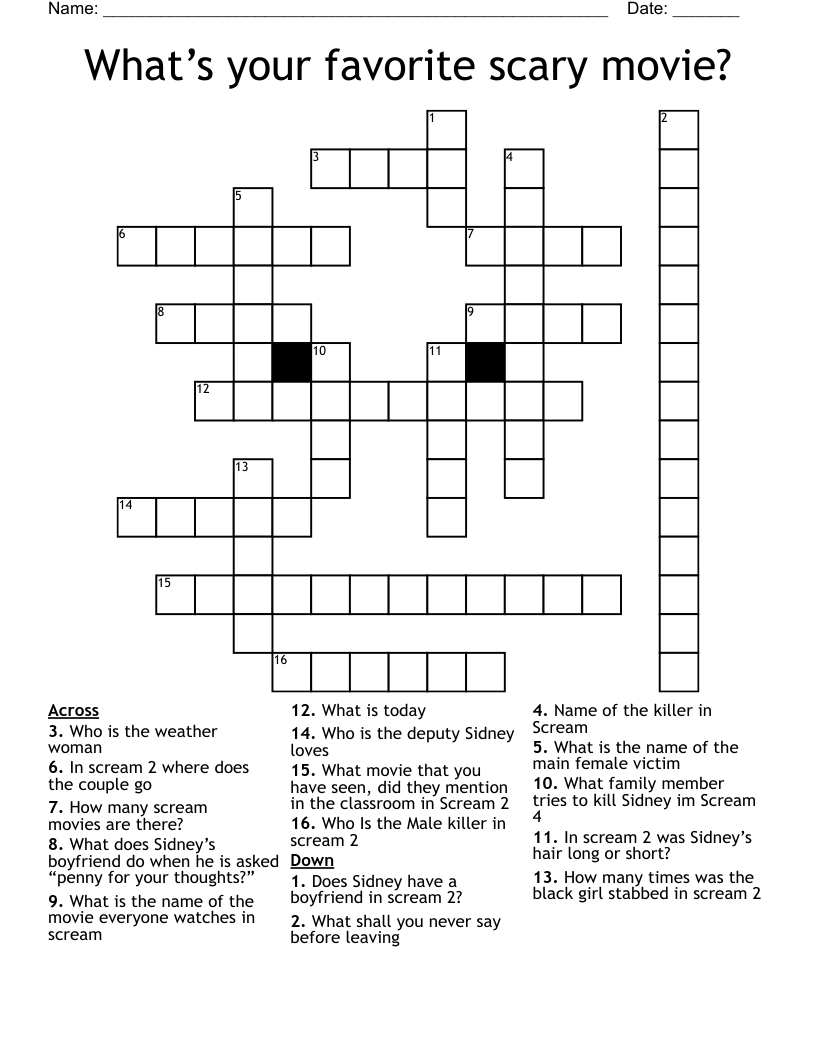 Horror Movie Crossword Puzzles