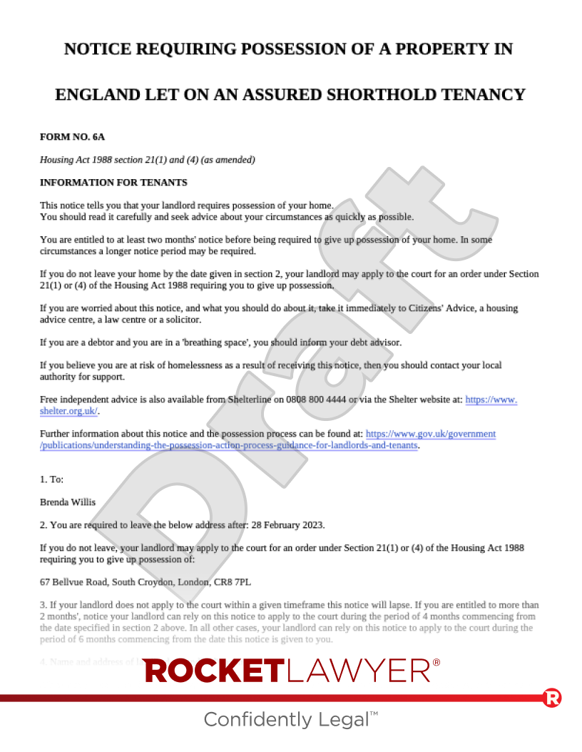 Section 21 Notice Template amp FAQs Rocket Lawyer UK
