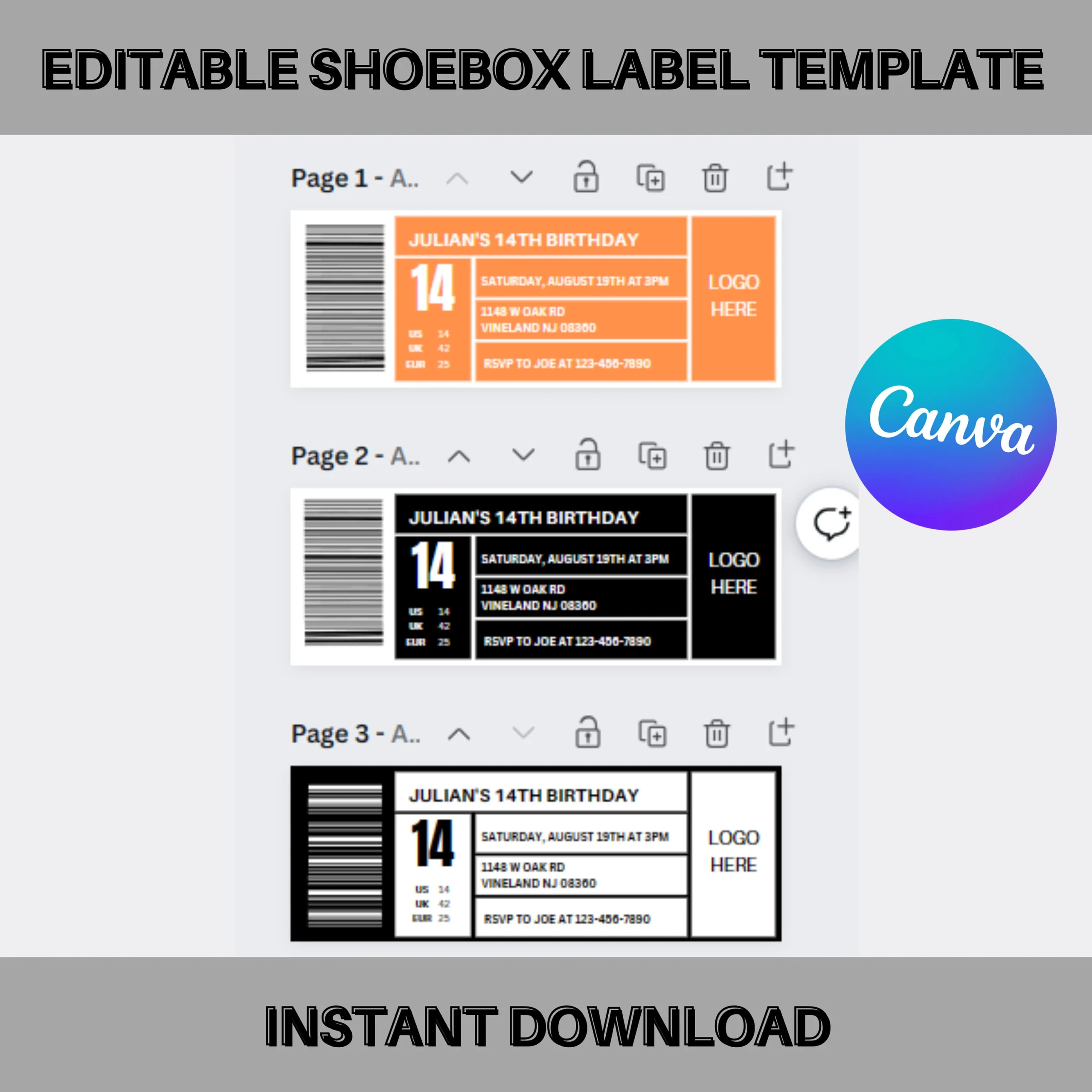Shoe Box Label Template Printable Favor Box digital Download Etsy