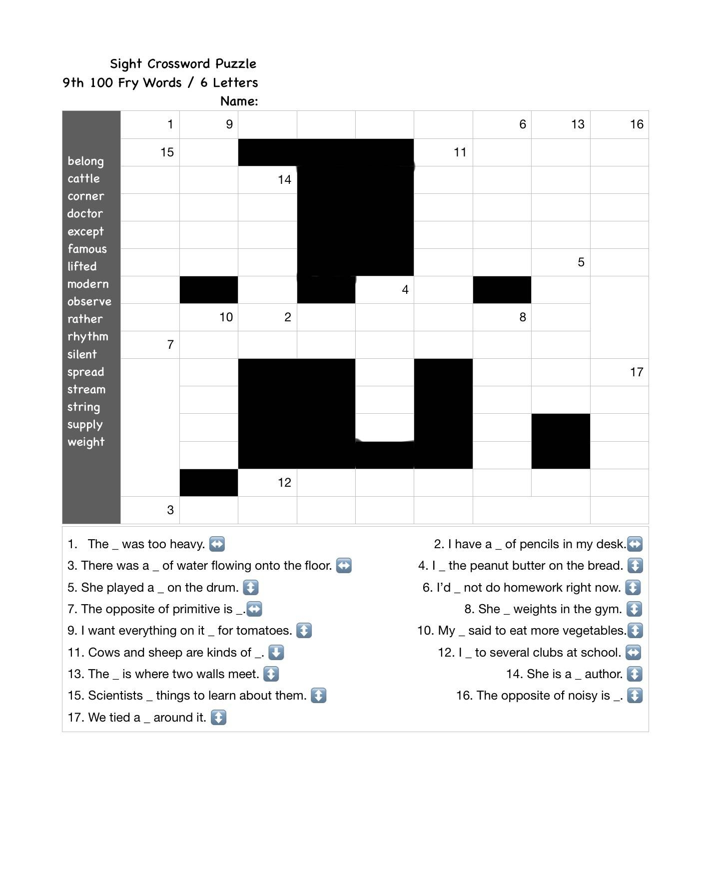 Sight Word Crossword Puzzles Printable