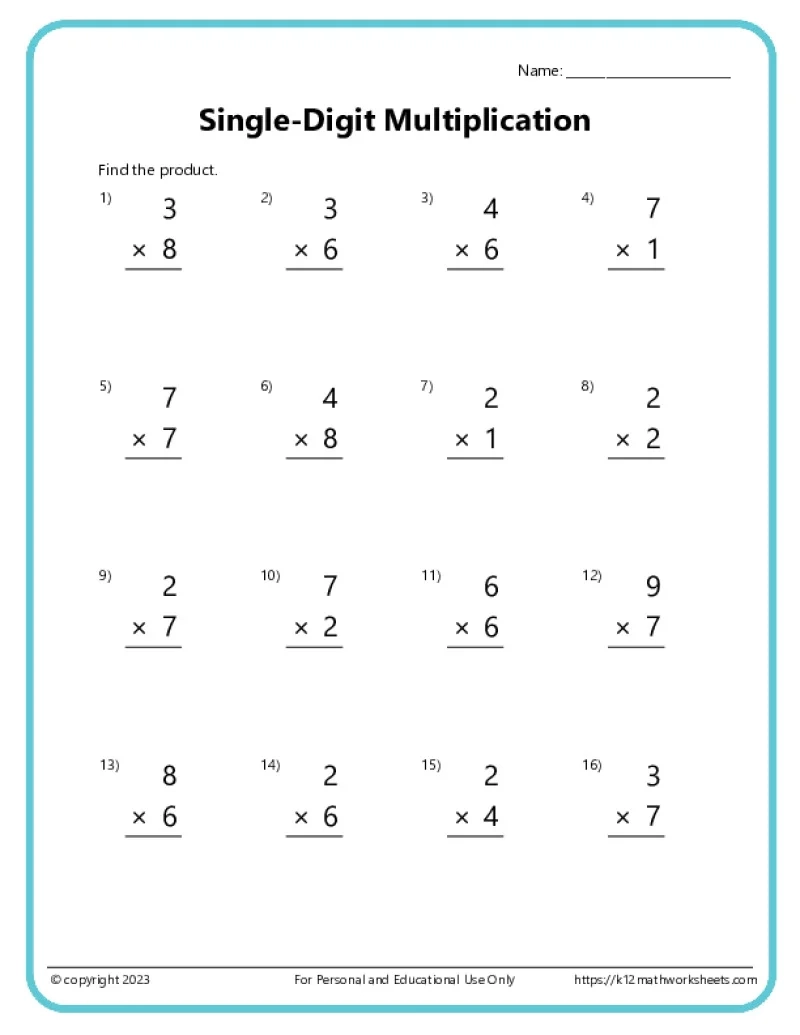 Single Digit Multiplication Worksheets