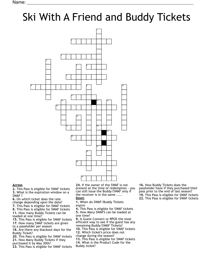 Ski With A Friend And Buddy Tickets Crossword WordMint