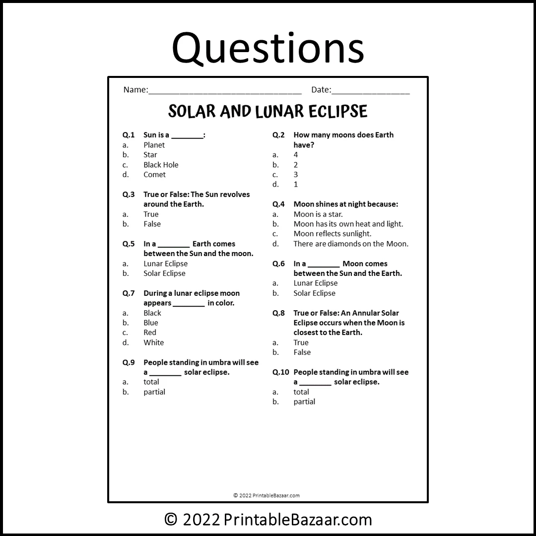 Solar And Lunar Eclipse Reading Comprehension Passage And Questions Printable PDF