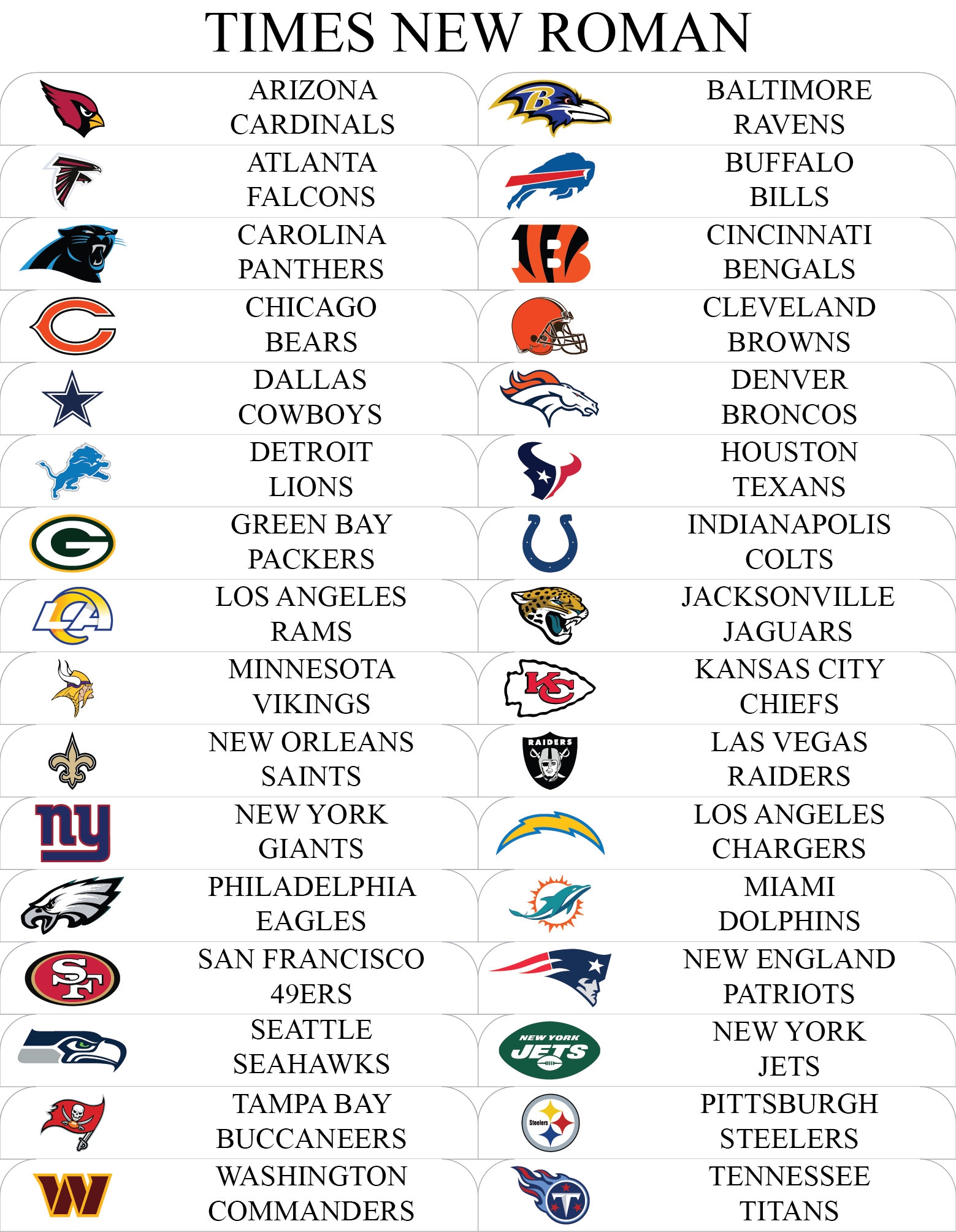 List Of Nfl Teams Printable