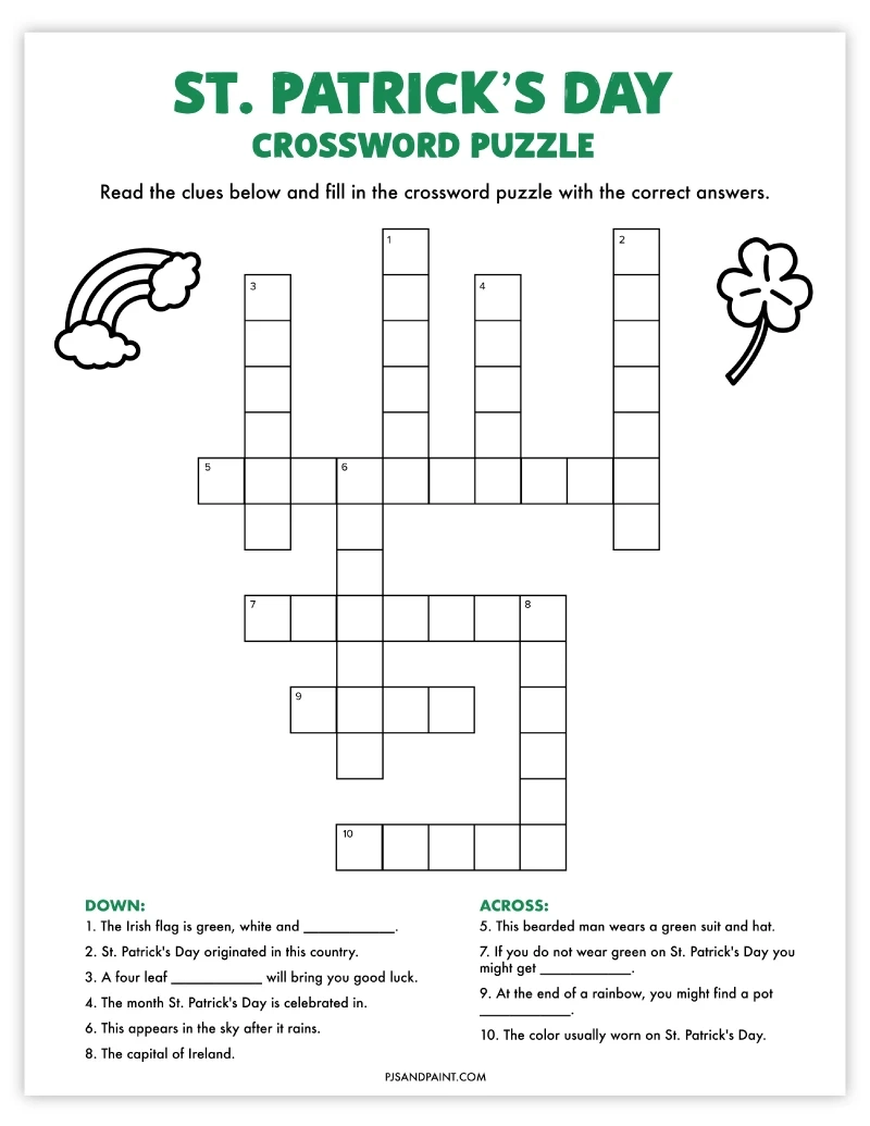St Patrick s Day Crossword Puzzle Free Printable Game Pjs And 