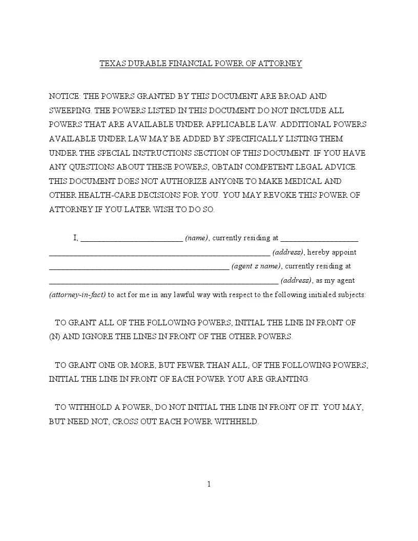 Texas Durable Power Of Attorney Form For Finances FormsPal