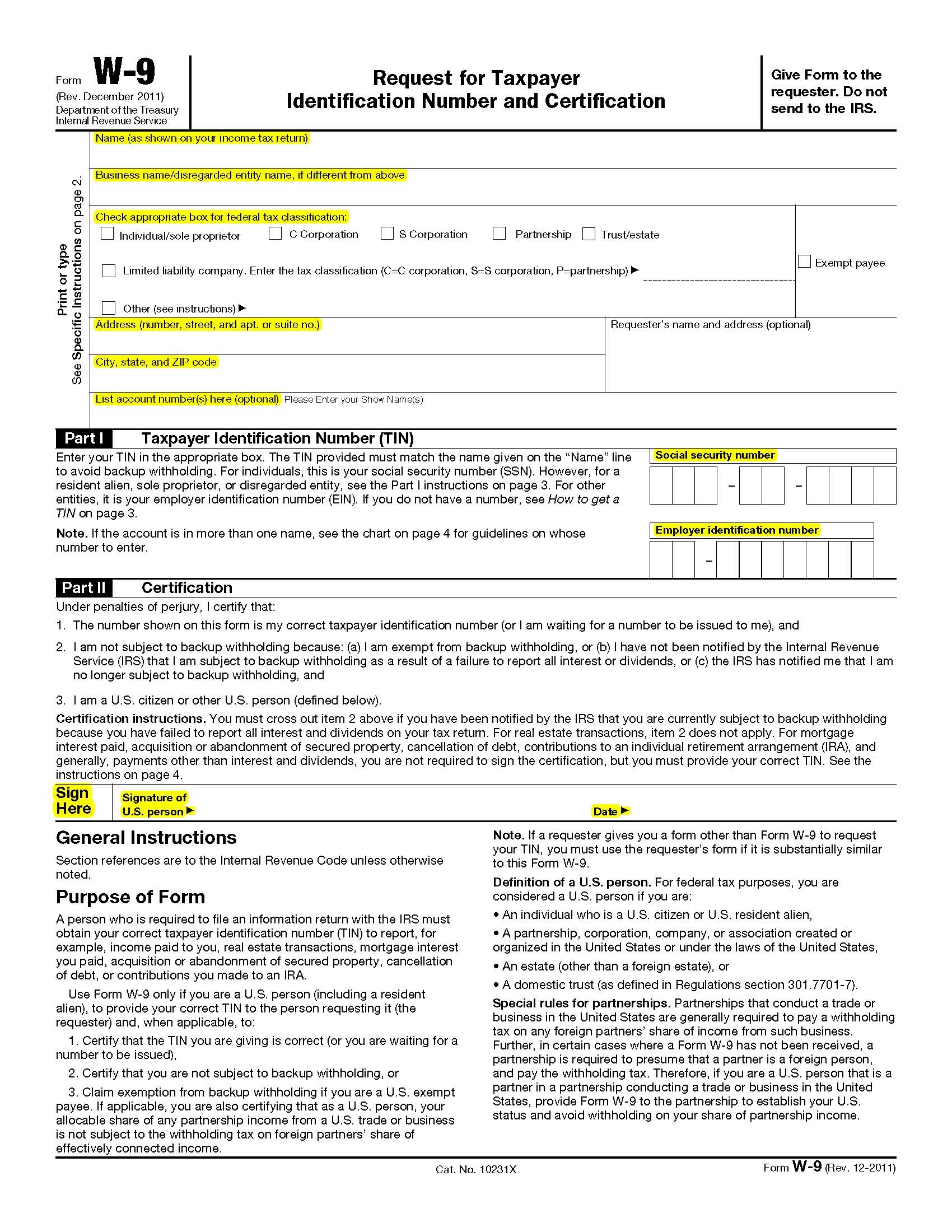 W9 Form Example For Business