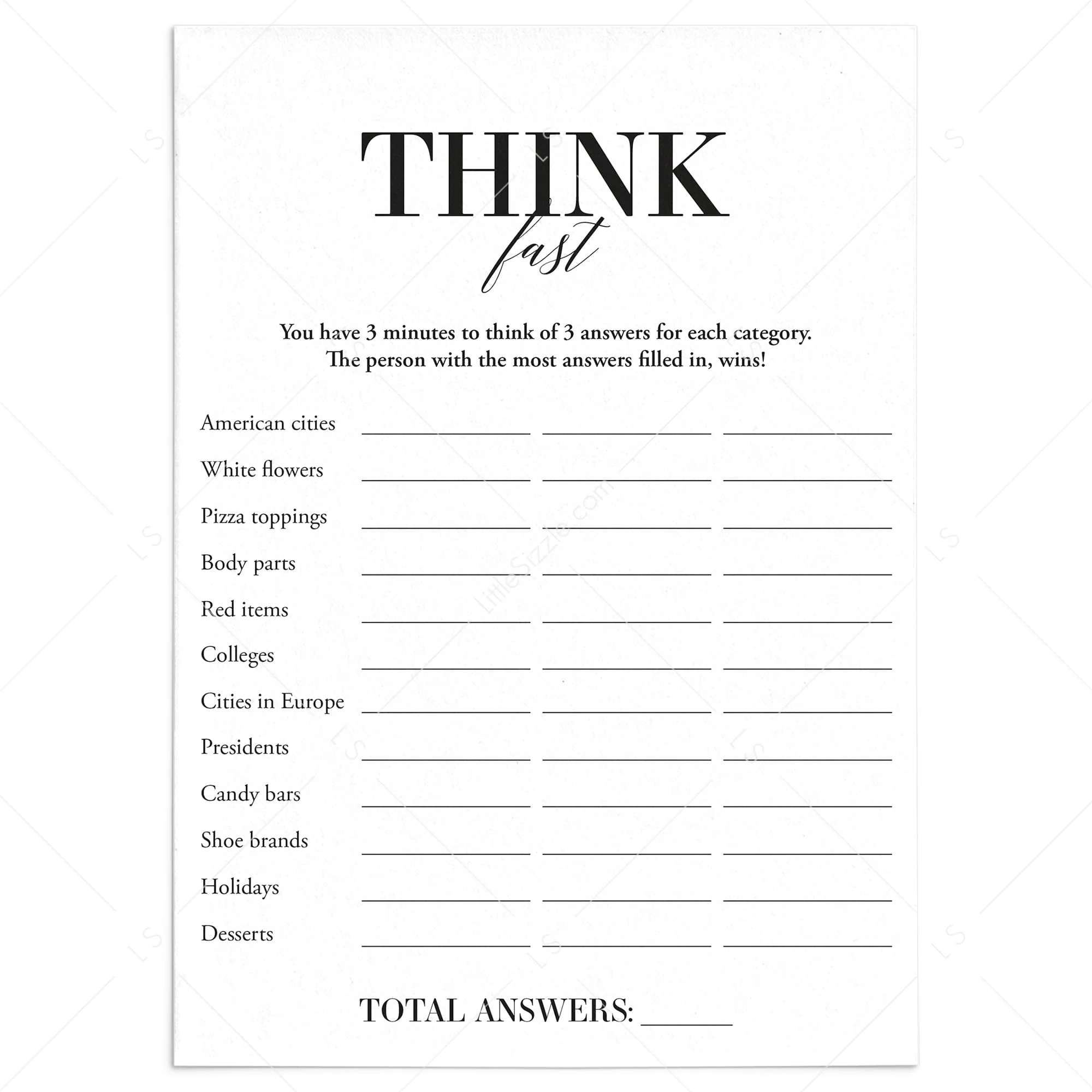 Think Fast Icebreaker Game Printable Instant Download LittleSizzle