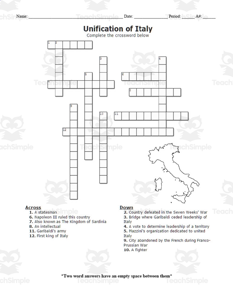 Unification Of Italy Crossword Puzzle