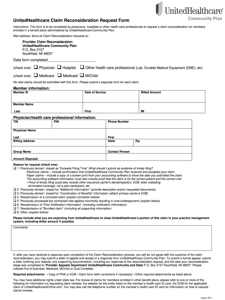 UnitedHealthcare Claim Reconsideration Request Form Fill Online 