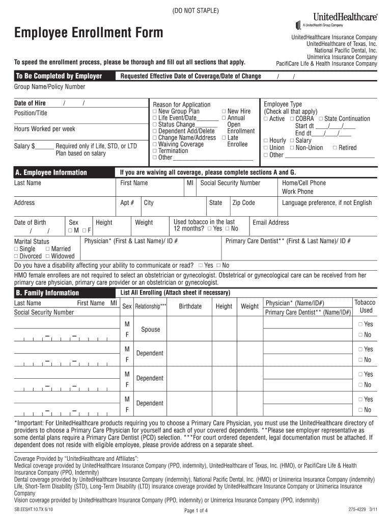 UnitedHealthCare Employee Enrollment Form Fill Online Printable 