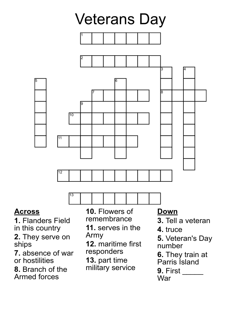 Armed Forces Medal Crossword Puzzle