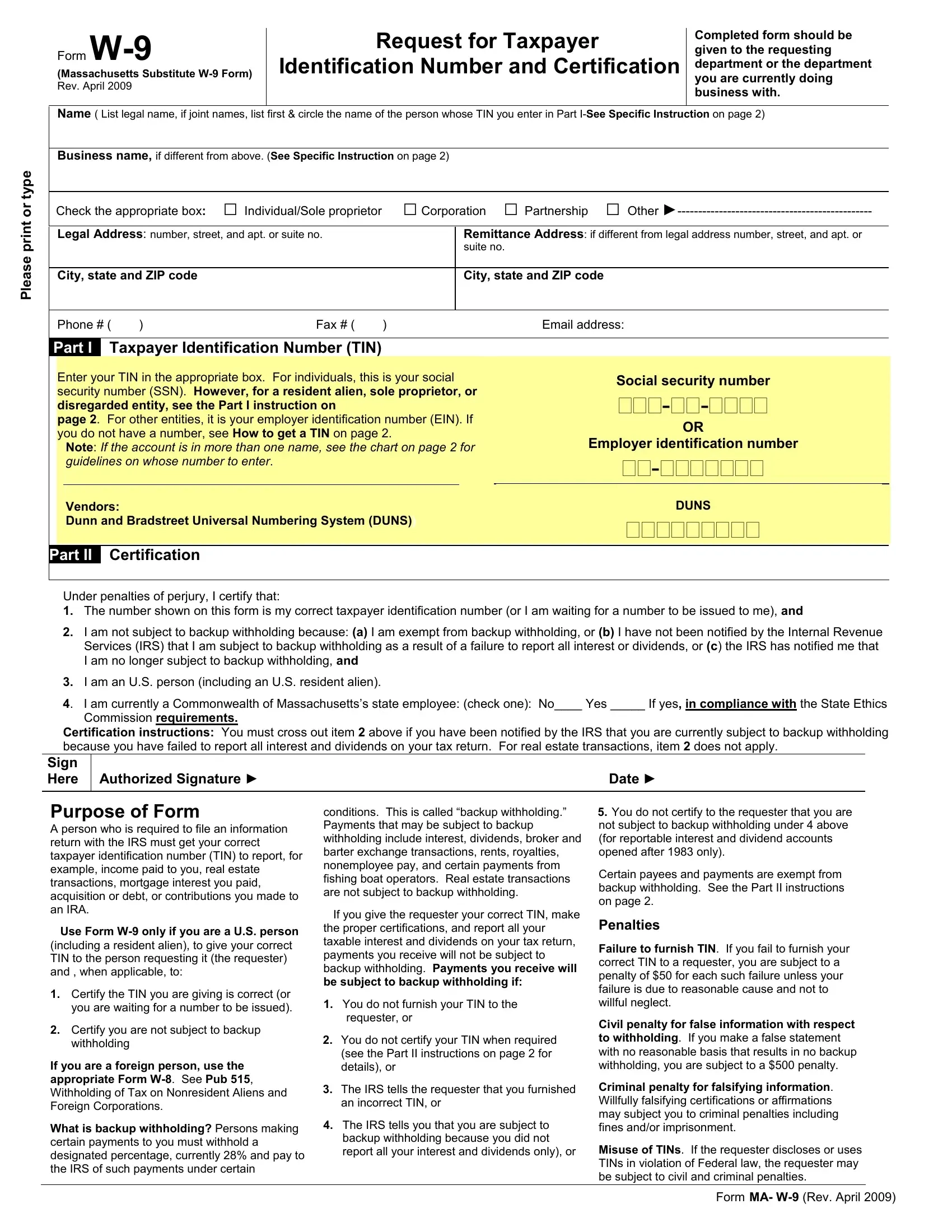 W9 Ma Form Fill Out Printable PDF Forms Online