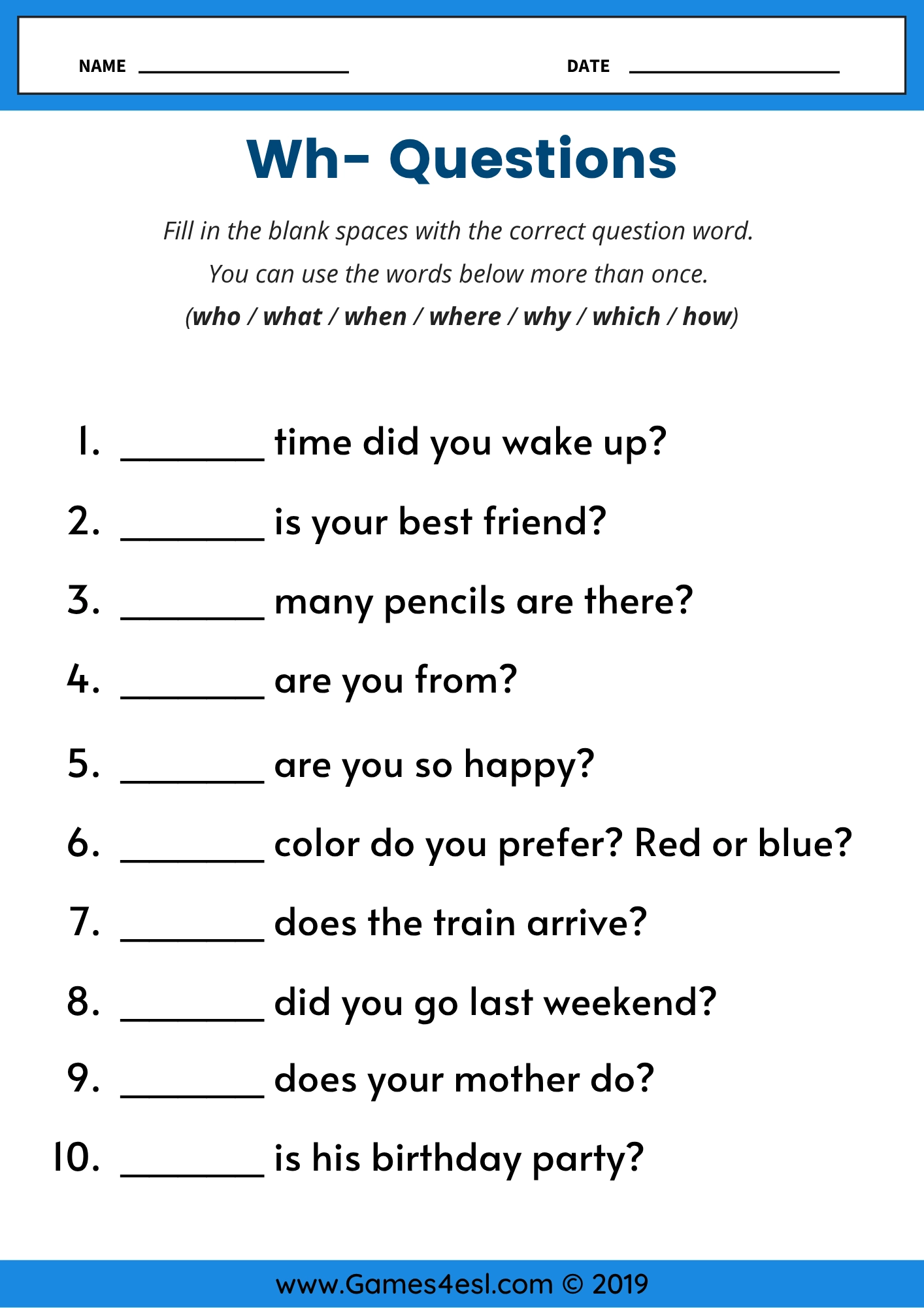 Wh Questions Worksheets Practice Who What When Where Why 