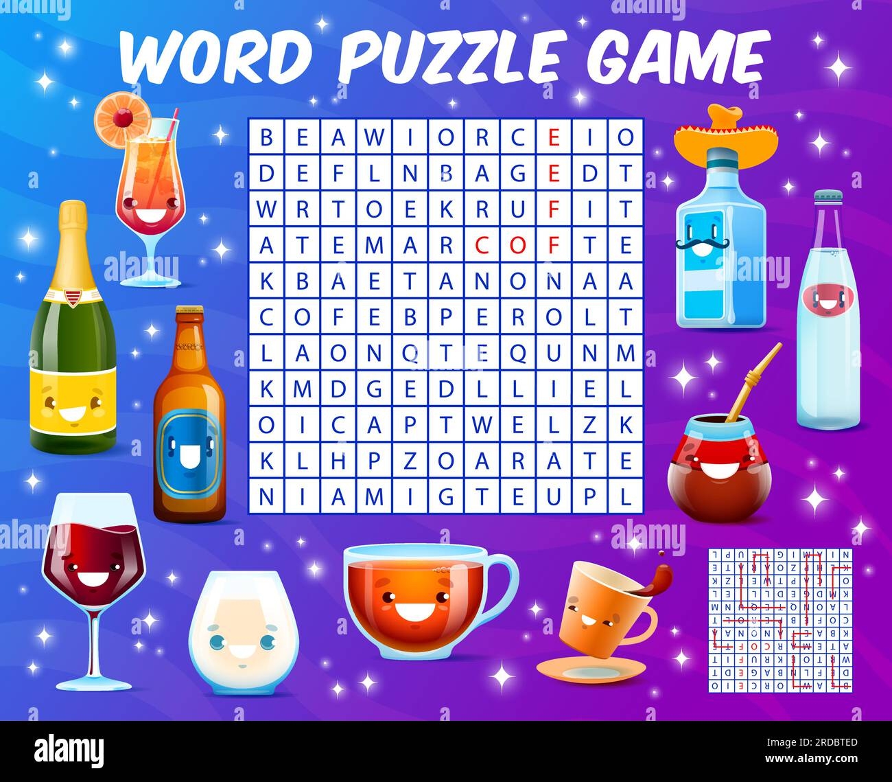 Word Search Puzzle Game Cartoon Drink And Cocktail Characters 