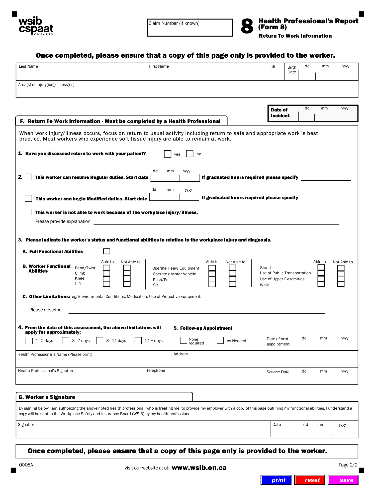WSIB CSPAAT Ontario 8 Health Professional s Report Form 8 Juno 