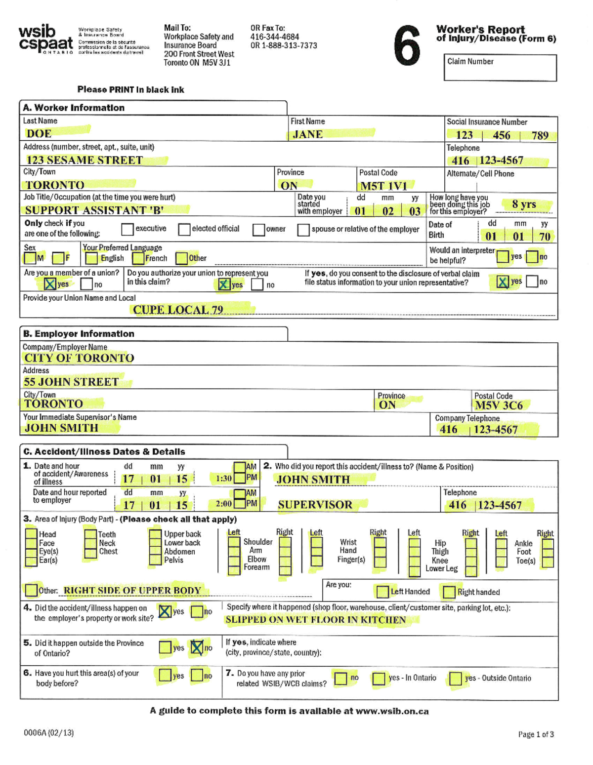 WSIB Form 6 Submission Example Workplace Safety Report Studocu